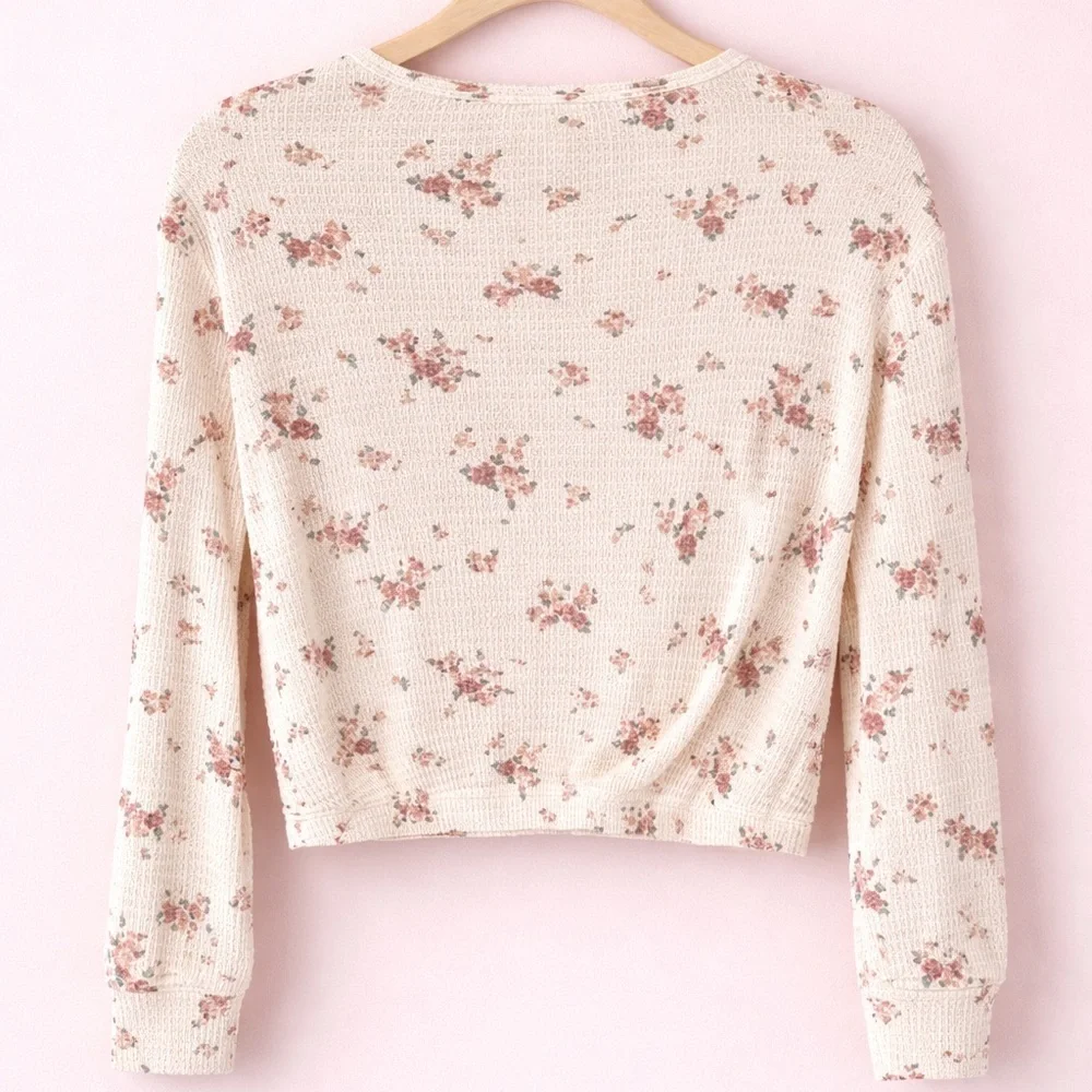 Abercrombie Kids Floral Waffle Knit Top Girls Size 11/12 Cream Long Sleeve
